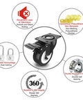 Diagram of 2 Inch Heavy Duty Swivel Caster Wheels Set of 4 with safety dual locking, polyurethane foam wheels, and 360-degree rotation features