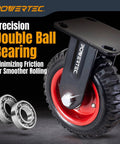 Close-up of a heavy duty caster with rubber knobby tread and precision double ball bearing for smooth motion, showcasing POWERTEC branding.