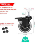 Heavy Duty 3 Inch Swivel Casters Set Of Four With M10 By 20mm Metric Stem Threads Locking Castors And Hex Nuts 600 Lb Capacity Durable Furniture Casters For Mobile Cabinets Lab Tables And Equipment With Smooth Rolling And Safe Locking, showing caster with measurements and hex nuts.