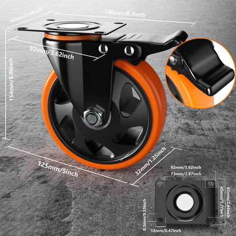 5 Inch Heavy Duty Swivel Caster Wheels Set of 4 with locking brakes and industrial top plate design featuring non marking polyurethane wheels.