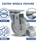 Heavy Duty 4 Inch Caster Wheels Set Of 4 With 1600 Pounds Capacity Industrial Plate Casters Semi Steel Cast Iron Wheels shown with 360-degree rotation feature.