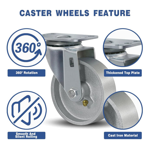 Heavy Duty 4 Inch Caster Wheels Set Of 4 With 1600 Pounds Capacity Industrial Plate Casters Semi Steel Cast Iron Wheels shown with 360-degree rotation feature.