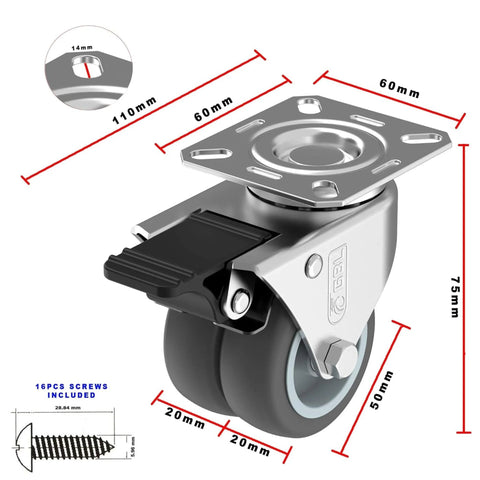 2 Inch Heavy Duty Swivel Casters Set Of 4 With 2 Locking Brakes, Screws Included, Up To 880 Lbs Capacity Per Set, side view