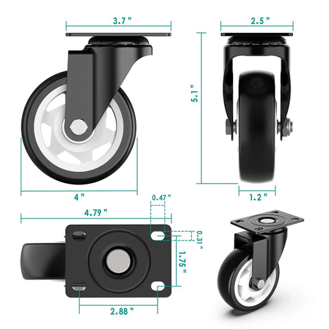 Dimensions of 4 Inch Heavy Duty Swivel Caster Wheels Set of 4 No Brake with 1200 Lbs Load Capacity Solid Steel Plate