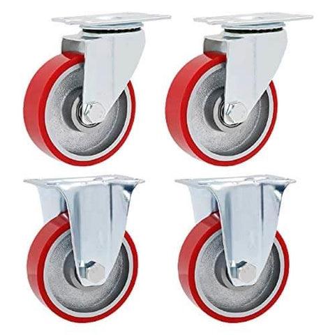 Heavy Duty Swivel Caster Wheels Set of 4 with Brake, 75mm PU Plate Castors, Iron Core Polyurethane Industrial Casters