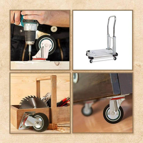 3 Inch Heavy Duty Swivel Caster Wheels 4 Pack shown installed on furniture, cart, and workbench, highlighting versatility and smooth movement.