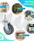 Heavy Duty 3 Inch Swivel Stem Casters Set Of 4 With Threaded Five Sixteenth Inch 18 UNC By One And One Half Inch Rubber Wheels For Wire Shelving Furniture And Carts Load Bearing 600 Lbs Total 150 Lbs Each Includes Nuts Washers And Spanner, shown in multiple use applications.