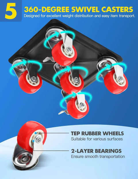 Five roller caster carts with reinforced steel plates and floor safe rubber wheels for a 1200 lb heavy duty furniture movers with wheels and moving dolly set.