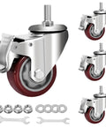 Heavy Duty PU Wheel Caster Set with 360 Degree Swivel Casters and Double Brakes, M12 Threaded Stem, 3 Inch and 4 Inch Options