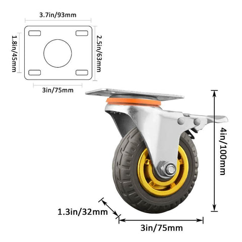 Heavy Duty Swivel Rubber Plate Caster Wheel, industrial furniture castor with tire tread and dimensions, side view