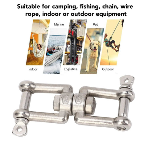 Stainless steel double-ended swivel shackle, front view, 10mm bolt-lock marine connector.