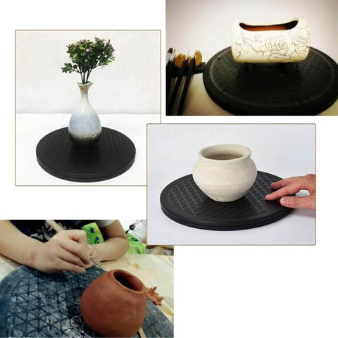 12 Inch Heavy Duty Rotating Swivel Stand with Steel Ball Bearings used in crafts and pottery setup, non-skid base visible.