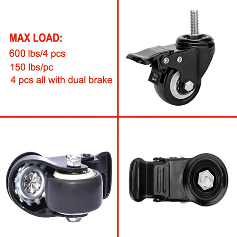 2 Inch Heavy Duty Swivel Stem Casters Set Of 4 With Double Locking Brakes, 600 Lb Capacity, 3/8-16x1 Threaded Stem, shown in detail