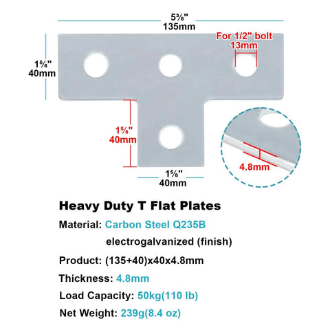 Set Of Twelve Four Hole T Shaped Flat Plate Fittings For One And Five Eighths Inch Strut Channel Carbon Steel Connector Brackets Three Sixteenths Inch Thick Electro Galvanized Finish Silver