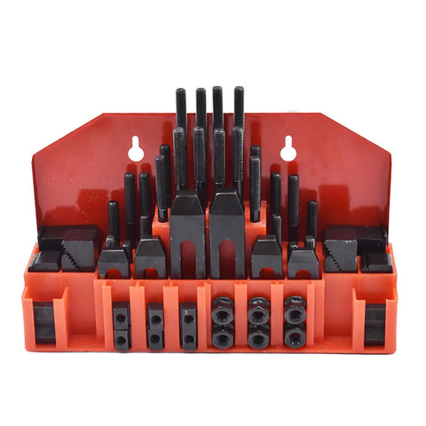 Heavy Duty 58 Piece T Slot Hold Down Clamp Kit Pro Grade For Milling Machines Seven Sixteenth Inch Set displayed in storage box