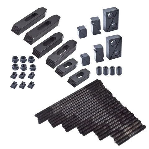 Heavy Duty 58 Piece T Slot Hold Down Clamp Kit Pro Grade For Milling Machines Seven Sixteenth Inch Set with nuts and studs displayed