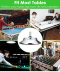 4 Pack Heavy Duty Billiard Table Leg Levelers With Adjustable 5 Inch Metal Leveling Feet Chrome Finish And PE Base For Pool Tables Soccer Tables Air Hockey Tables displayed with various game tables.