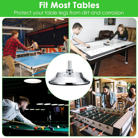 4 Pack Heavy Duty Billiard Table Leg Levelers With Adjustable 5 Inch Metal Leveling Feet Chrome Finish And PE Base For Pool Tables Soccer Tables Air Hockey Tables displayed with various game tables.