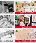 Collage showing Heavy Duty Removable Double Sided Foam Tape use for mounting, no drilling needed, strong adhesion, easy install.