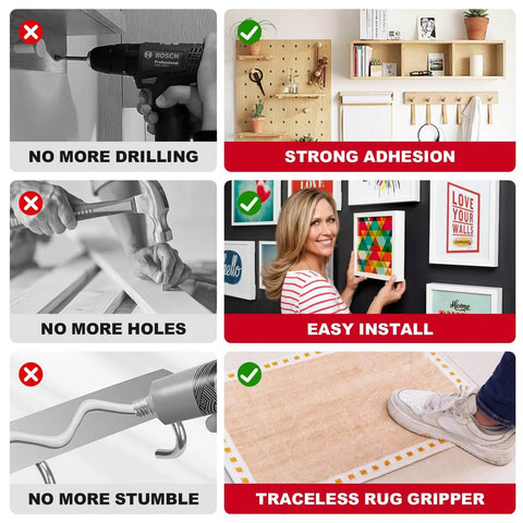 Collage showing Heavy Duty Removable Double Sided Foam Tape use for mounting, no drilling needed, strong adhesion, easy install.