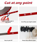 Instructional image showing Heavy Duty Double Sided Mounting Tape 108 Ft Waterproof Foam Adhesive cut and peel features with hanging use.