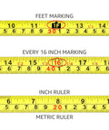 Close-up of measurement markings on a Heavy Duty Tape Measure - 16 ft / 192 in, showing feet, inches, and metric markings.