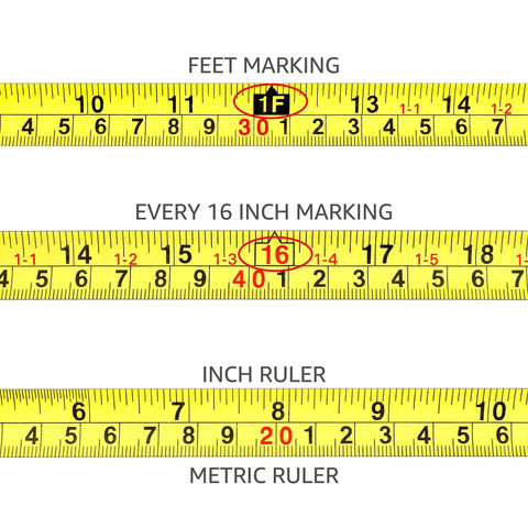 Close-up of measurement markings on a Heavy Duty Tape Measure - 16 ft / 192 in, showing feet, inches, and metric markings.