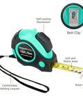Heavy Duty Tape Measure - 16 ft / 192 in, Turquoise with belt clip and lanyard, showing extended ruler with SAE and metric scale.