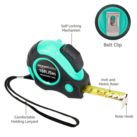 Heavy Duty Tape Measure - 16 ft / 192 in, Turquoise with belt clip and lanyard, showing extended ruler with SAE and metric scale.