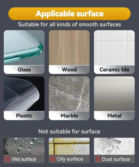 Image showing surfaces suitable for Heavy Duty Double Sided Tape: glass, wood, ceramic tile, plastic, marble, metal; not suitable for wet, oily, or dusty surfaces.