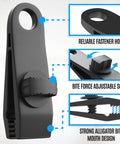 Diagram of 24 Pack Heavy Duty Tarp Clips With Lock Grip showcasing reliable fastener hole, adjustable screw, alligator design clamp.
