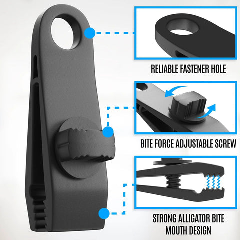 Diagram of 24 Pack Heavy Duty Tarp Clips With Lock Grip showcasing reliable fastener hole, adjustable screw, alligator design clamp.