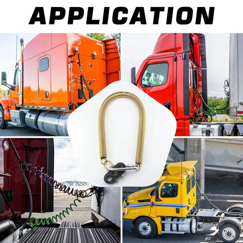 Two Pack 25 Inch Heavy Duty Tender Spring Kit For ABS Air Lines And Hoses On Semi Trucks Trailers And Tractors With Hook And Hose Holder Keeps Lines Clear And Protected From Ground Drag installed on semi trucks and trailers.