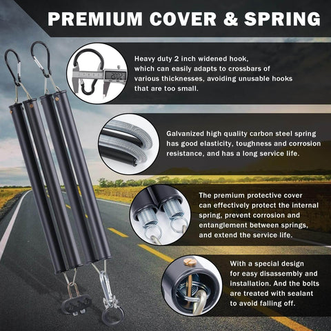 Heavy Duty 2 Pack 16 Inch Double Tender Spring Kit With 3-In-One Hose Holder And 3-Hole Clamp For Semi Trucks And Trailers, features detailed view with hooks on road background