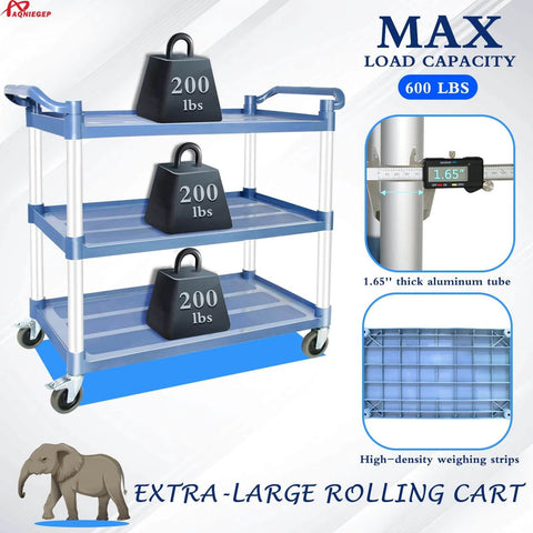 Heavy Duty Kitchen Cart With Wheels For Restaurant And Office, Three Tier Rolling Service Cart That Hauls Up To 600 Lbs, Lockable Wheels