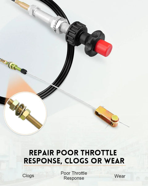 Heavy Duty Vernier Locking Throttle Cable for PTO and dump systems, featuring a 10 ft stainless core and 2 in knob head with repair guide.