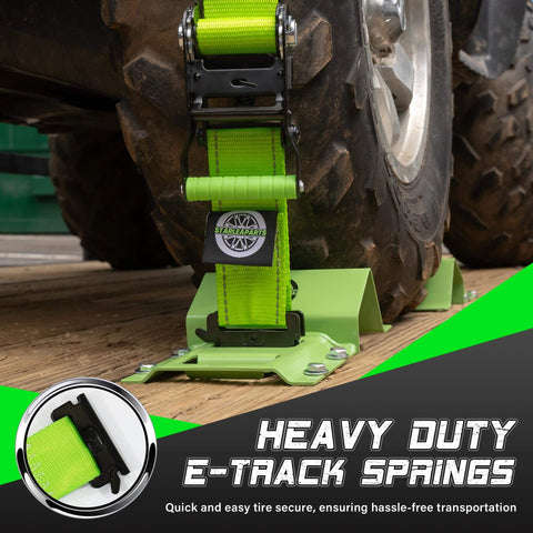 Heavy Duty Wheel Chock Tie Down Straps Set Two Pack with 4,400 Lb Max Break Strength and 2 Inch by 6 Foot Trailer Tire Straps for ATVs