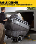 Heavy Duty Tilt Dump Truck Cart For 450 Lb Loads With Wheels Ideal For Trash And Recycling In Construction And Industrial Environments Rubbermaid Commercial Tilt Dump Truck Half Cubic Yard Capacity Through Doors Elevators being used to dump trash into a large industrial bin.