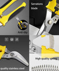 8 Inch Heavy Duty Aviation Tin Snips With Stainless Steel Blade And Comfort Grips, close-up of serrated edge and spring