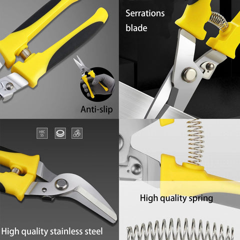 8 Inch Heavy Duty Aviation Tin Snips With Stainless Steel Blade And Comfort Grips, close-up of serrated edge and spring