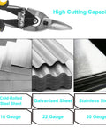 10 Inch Tin Snips Heavy Duty Chrome Vanadium Steel Metal Cutter with images of various metal sheets and gauges for cutting