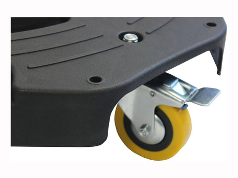 Close-up of black Heavy Duty Tire Dolly with yellow swivel caster, part of 300 lb Capacity Rolling Wheel Dolly for smooth motion and stable alignment.