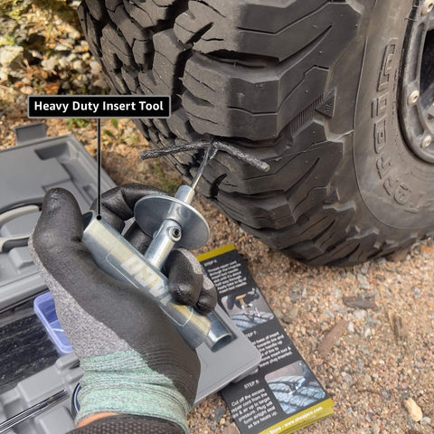 Heavy Duty Tire Repair Kit TRX 50 Universal Plug Kit in use on an ATV tire, showing plug tool in rugged hardcase.