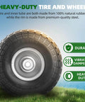 Close-up of heavy-duty tire and wheel with natural rubber and steel rim, featuring durability, vibration dampening, heavy duty qualities.