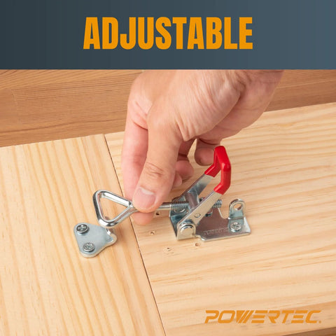 Hand adjusting 4 Pack Heavy Duty Toggle Clamp Set With 400 Lb Holding Capacity And Adjustable Pull Action Latch 4002 on wood panel.