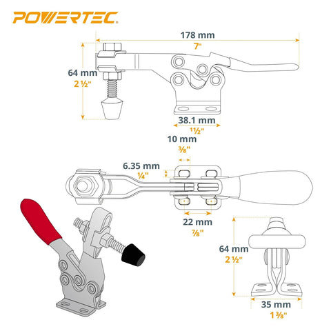 Illustration of Ten Pack Heavy Duty Hold Down Toggle Clamps With 500 Pound Capacity For Woodworking Jigs And Fixtures Powertec 225D Antislip Quick Release Horizontal Clamps showing dimensions.