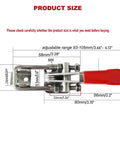 Two Piece Heavy Duty Toggle Clamp With 400 Pound Capacity In 304 Stainless Steel Including Adjustable U Bolt Holder And Quick Release Latch For Reliable Indoor And Outdoor Use, close-up with measurements