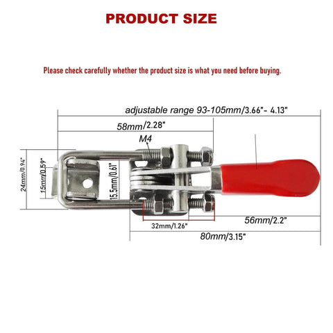 Two Piece Heavy Duty Toggle Clamp With 400 Pound Capacity In 304 Stainless Steel Including Adjustable U Bolt Holder And Quick Release Latch For Reliable Indoor And Outdoor Use, close-up with measurements
