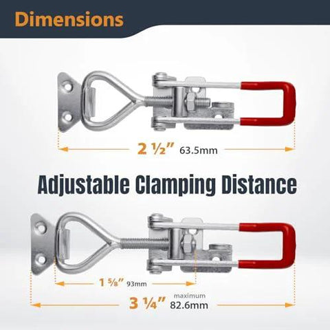 Heavy Duty Toggle Clamp Latch Set 4 Pack With 1320 Lbs Holding Capacity showing adjustable clamping distance, red handle, and steel build.