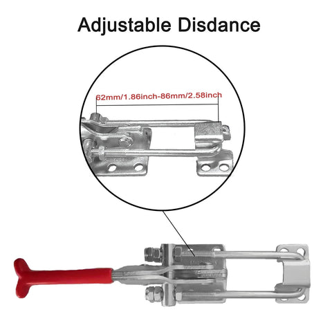 Heavy Duty Toggle Clamp Latch U Bolt Self Lock 2000 Lbs Holding Capacity Adjustable latch with close-up measurement detail